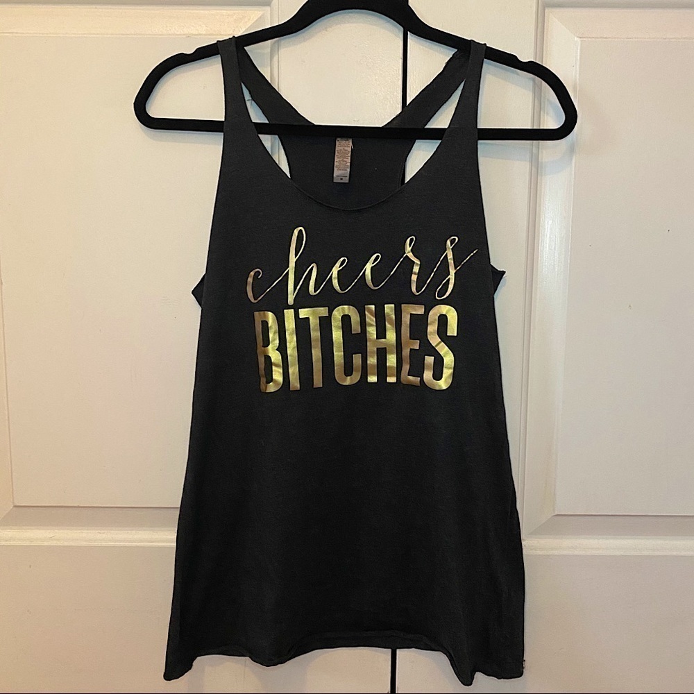 CHEERS BITCHES Black Racer Back Tank Top, Gold Writing, Bachelorette Party Tank